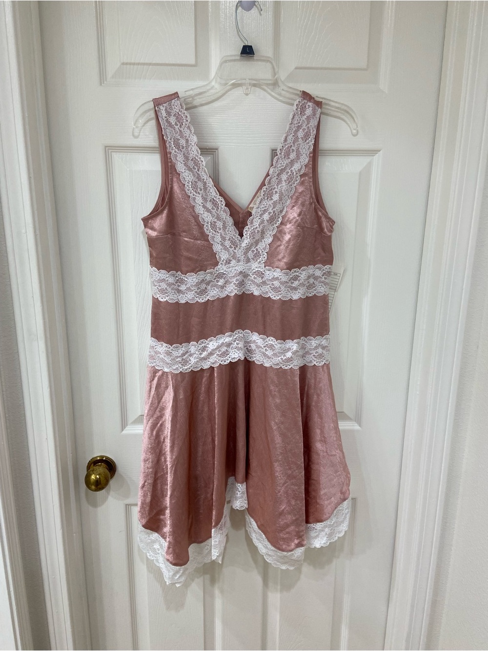 New Coquette Dusty Rose Satin Mini Dress with White Lace Trim